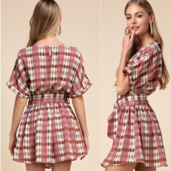 LAST ONE: Gorgeous women’s mini dress mauve plaid belted woven lightweight dress - Picture 2 of 3